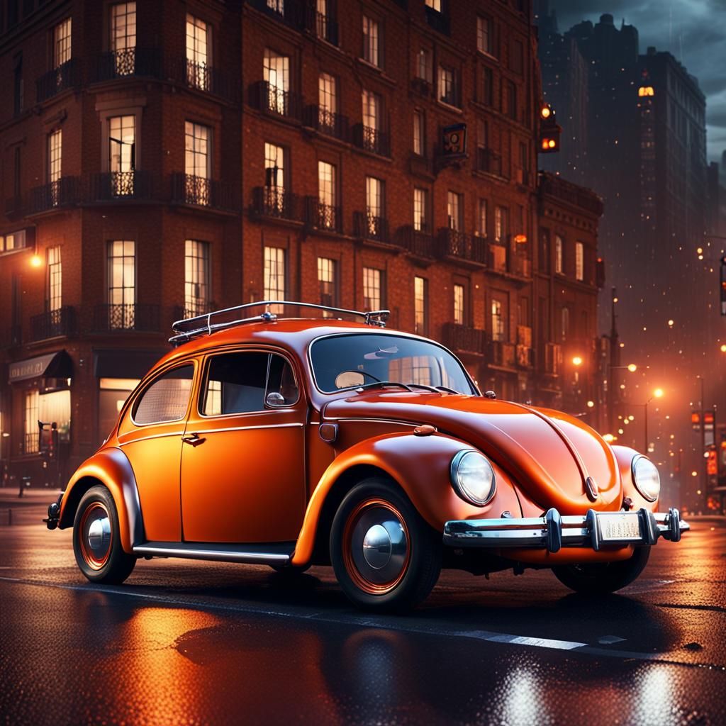 Volkswagen Beetle Cruises a Neon City Street