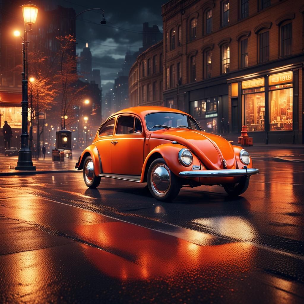 Orange VW Beetle Cruises Night City in CGI Rendering