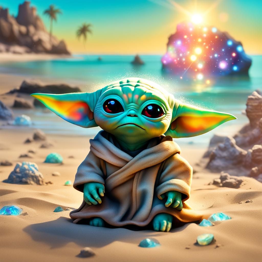 Baby Yoda on Beach as Mixed Media Art