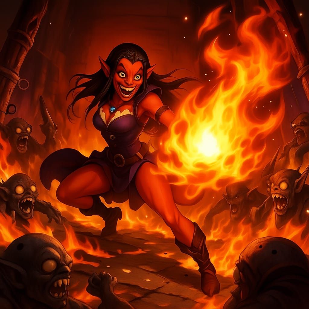 Laughing Tiefling Wizard Unleashes Fiery Destruction in Anim...