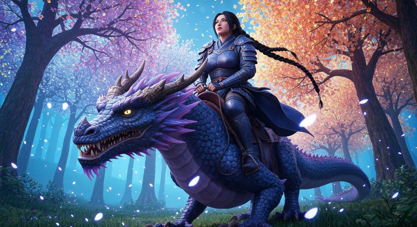 Armored Warrior Rides Dragon Among Glass Blossoms