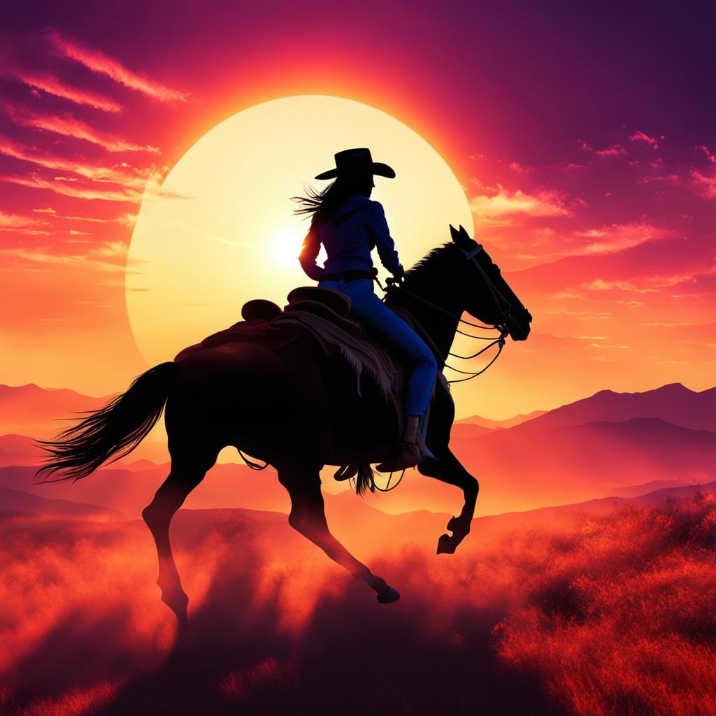 silhouette of a cowgirl riding into the sunset, c4d, dreamy ...