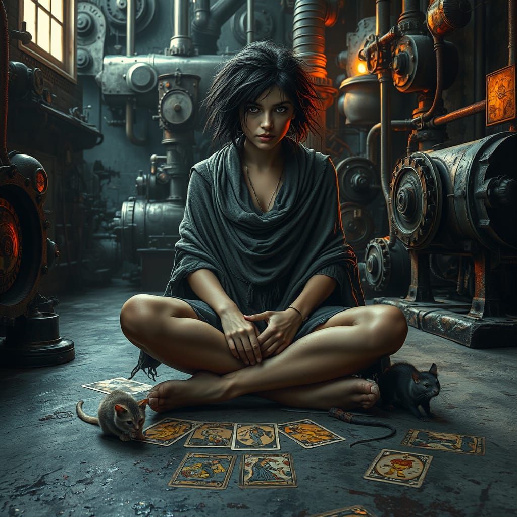 Woman in Industrial Mysticism Surrounds Ancient Machinery