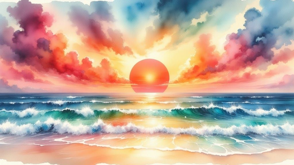 Watercolor Sunset Over Tranquil White Sand Beach