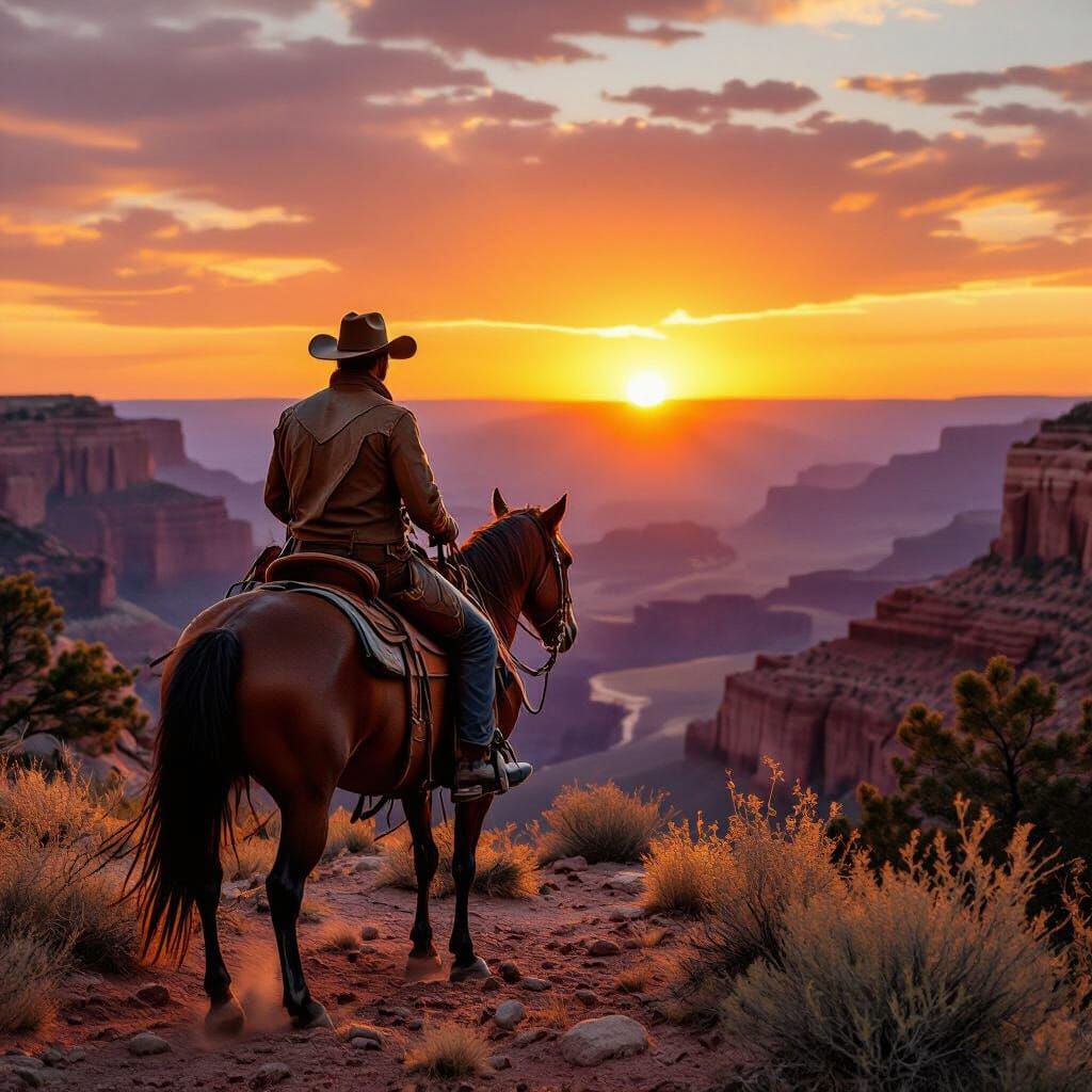 Cowboy Sunset in Grand Canyon: Western Art