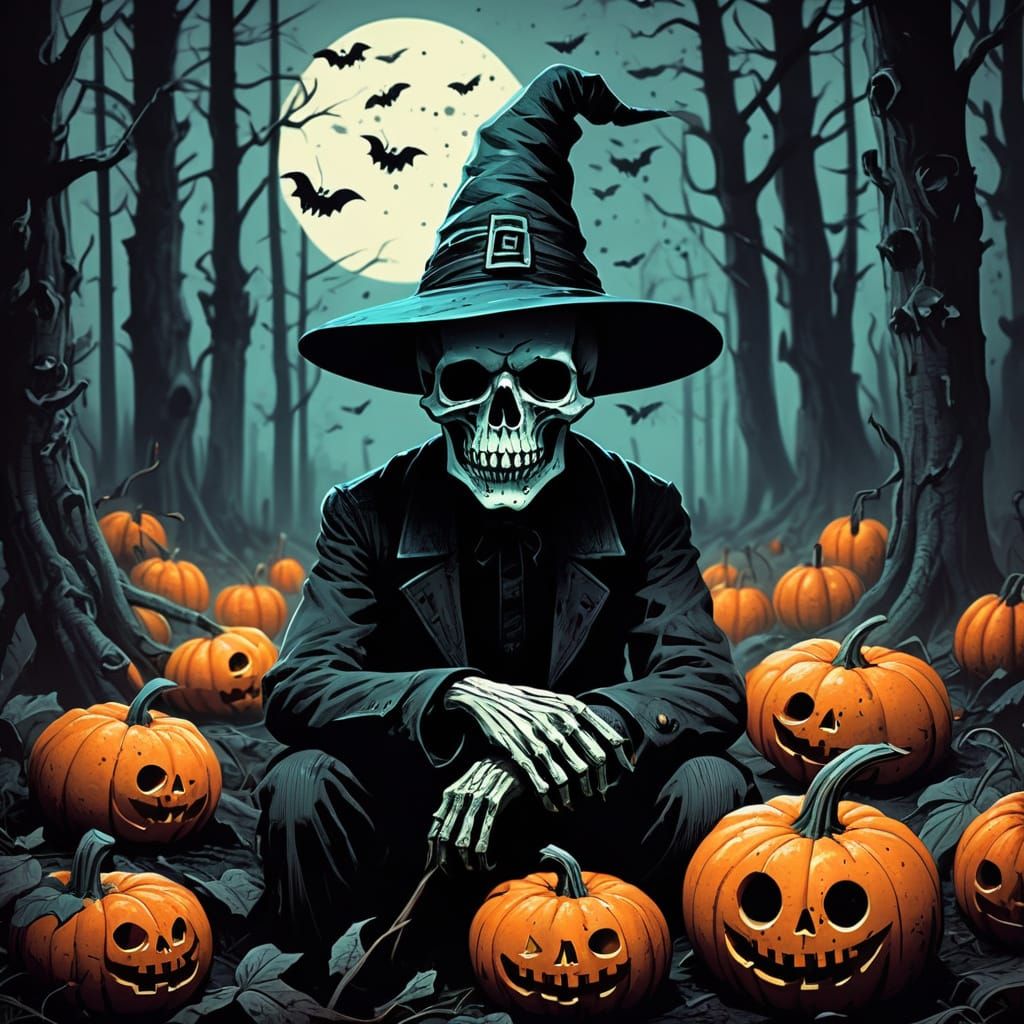 Grinning Skull in Witch Hat on Pumpkins, 1940s Comic Style