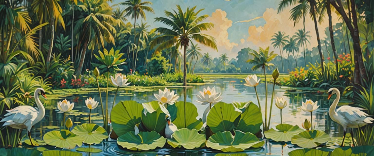 Swan in Impressionist Gouache Lotus Landscape