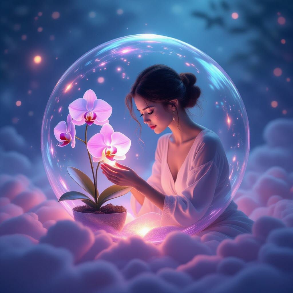 Ethereal Bioluminescent Orchid in Cosmic Garden