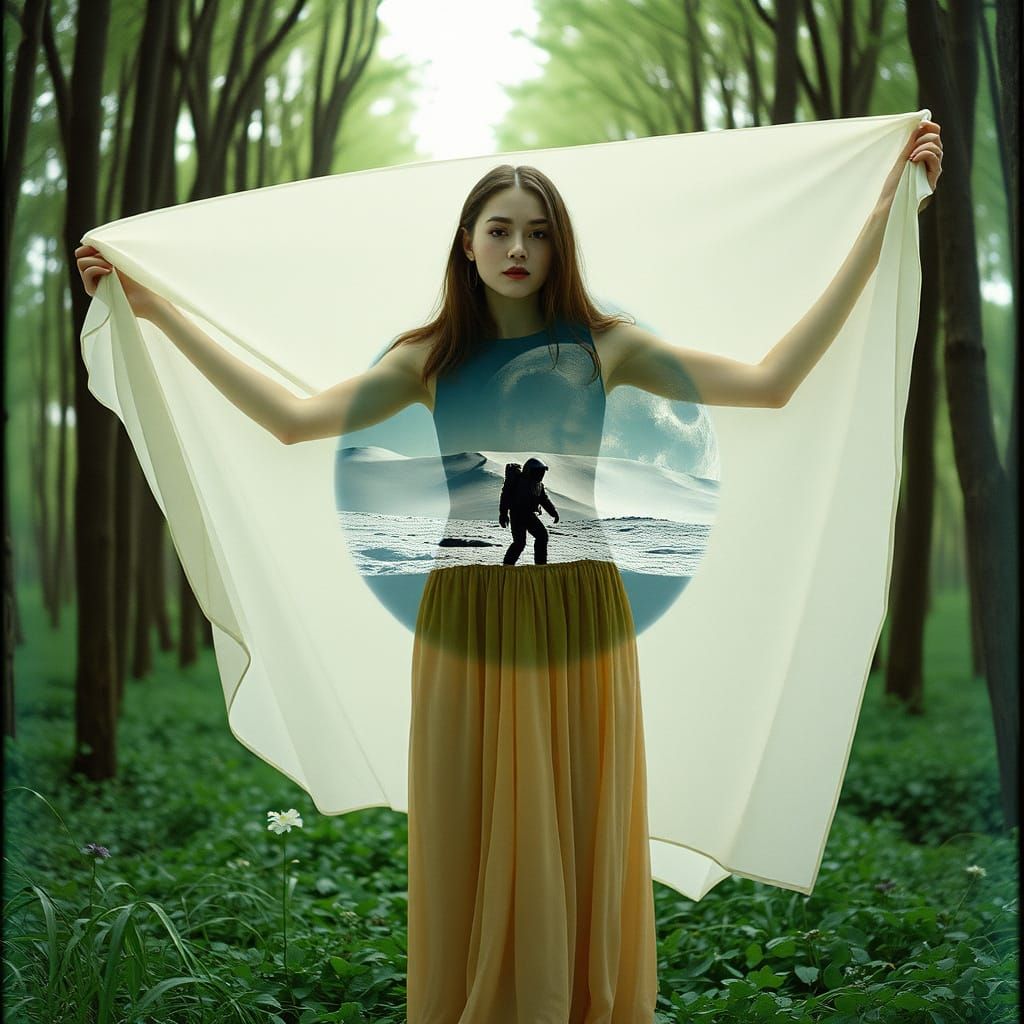 Ethereal Double Exposure of Maiden and Lunar Landscape
