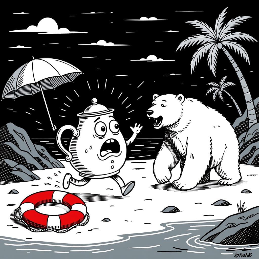 Terrified Teapot Cartoon Running From Polar Bear