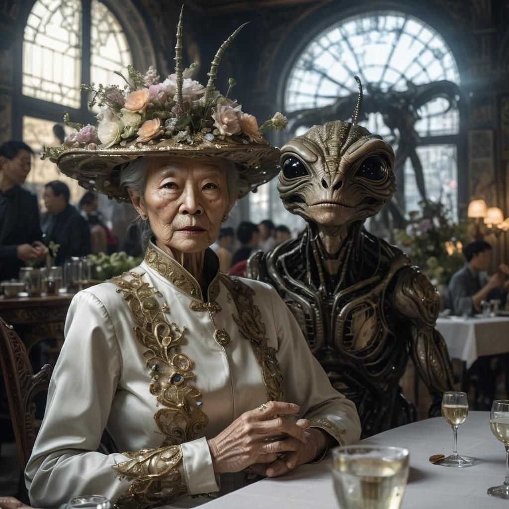 Sophisticated Aliens Celebrate in Surreal Restaurant