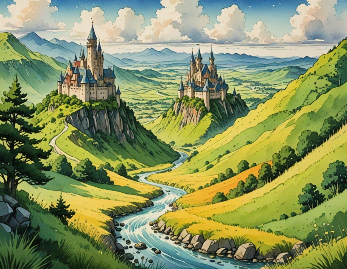 Sister Castles in Cinematic Watercolor Style