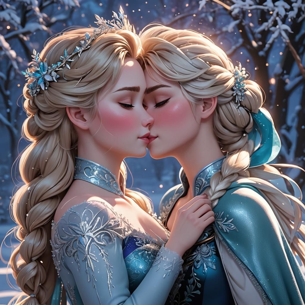 Elsa and Anna Kissing in 3D Anime Art