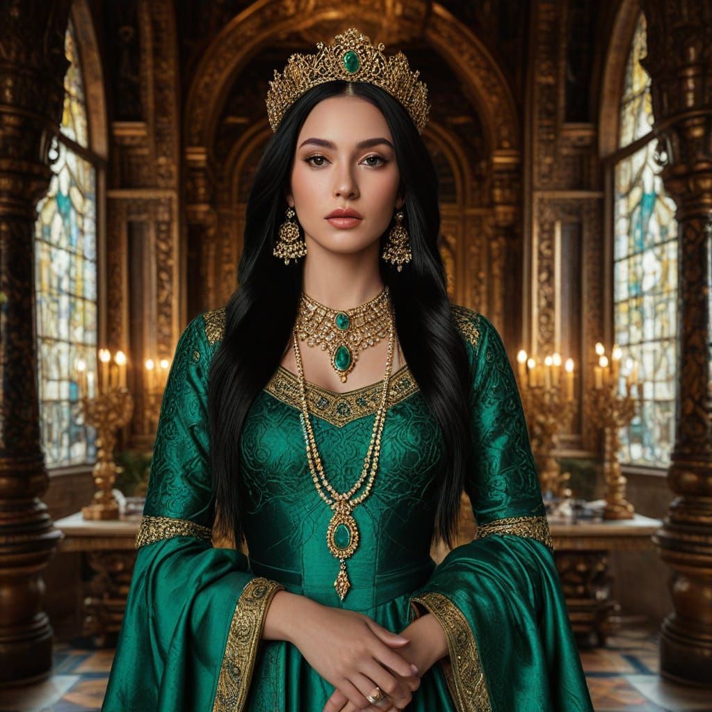 Emerald Goddess in Lavish Temple, Baroque Oil Painting