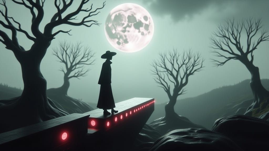 Surreal Wanderer on Glass Road Under Pale Moon