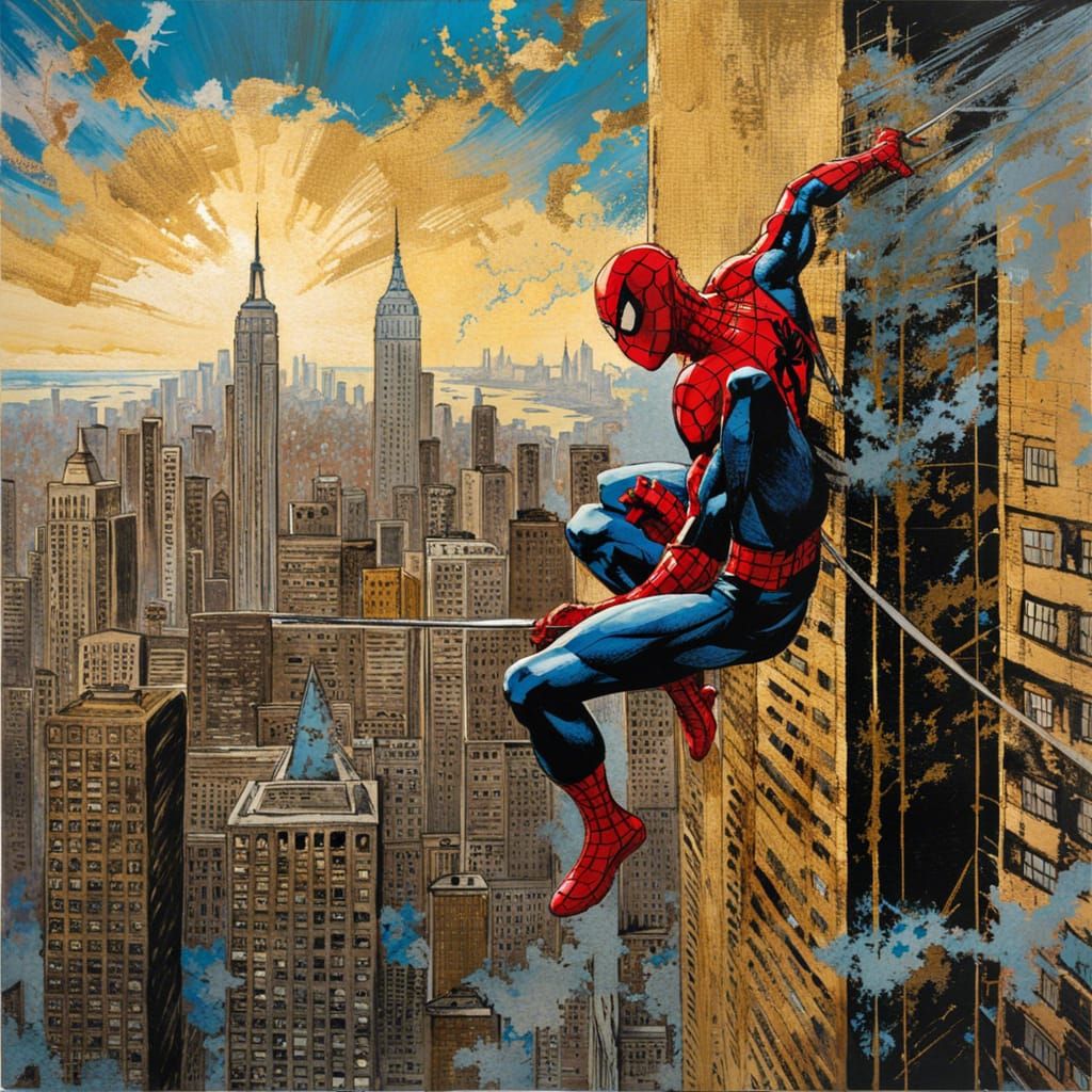 Spiderman Soaring Through New York, Graphic Novel Style