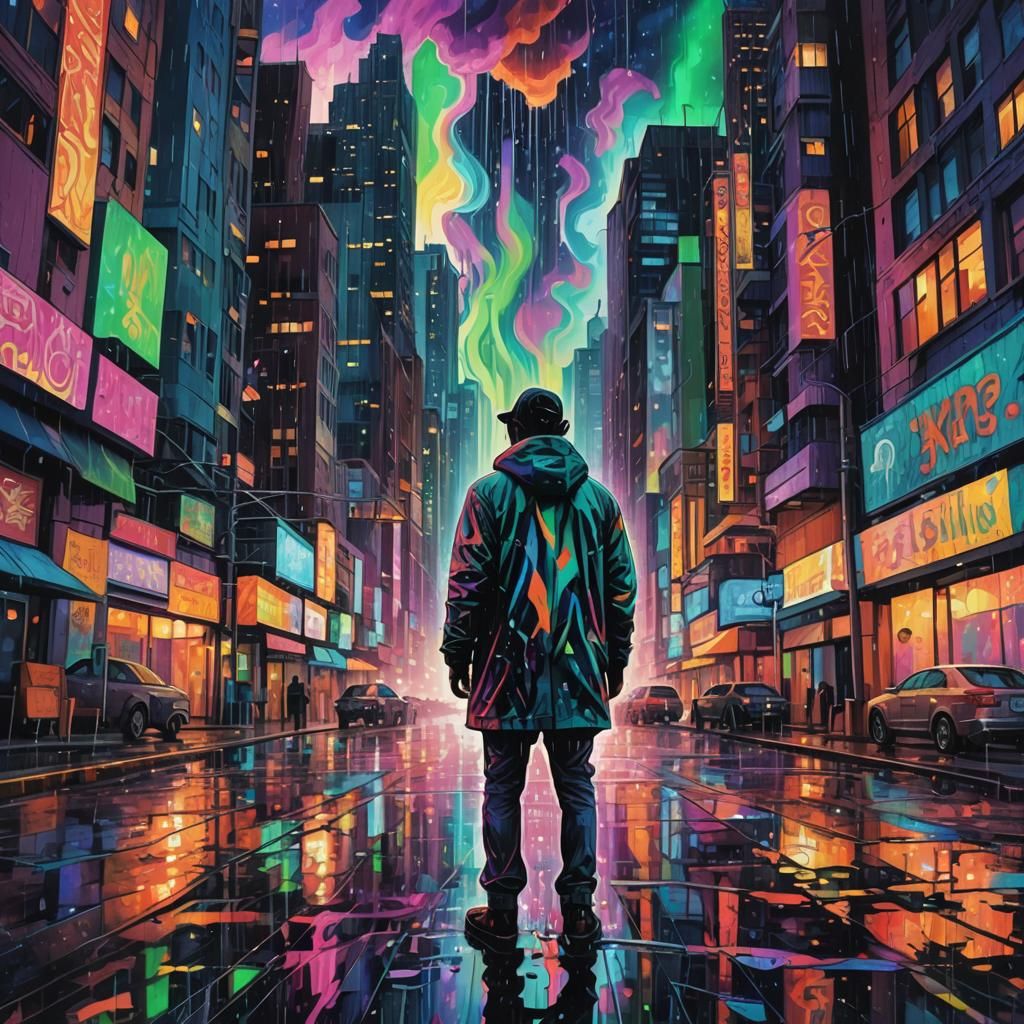 Psychedelic Rainy Cityscape with Neon Reflections