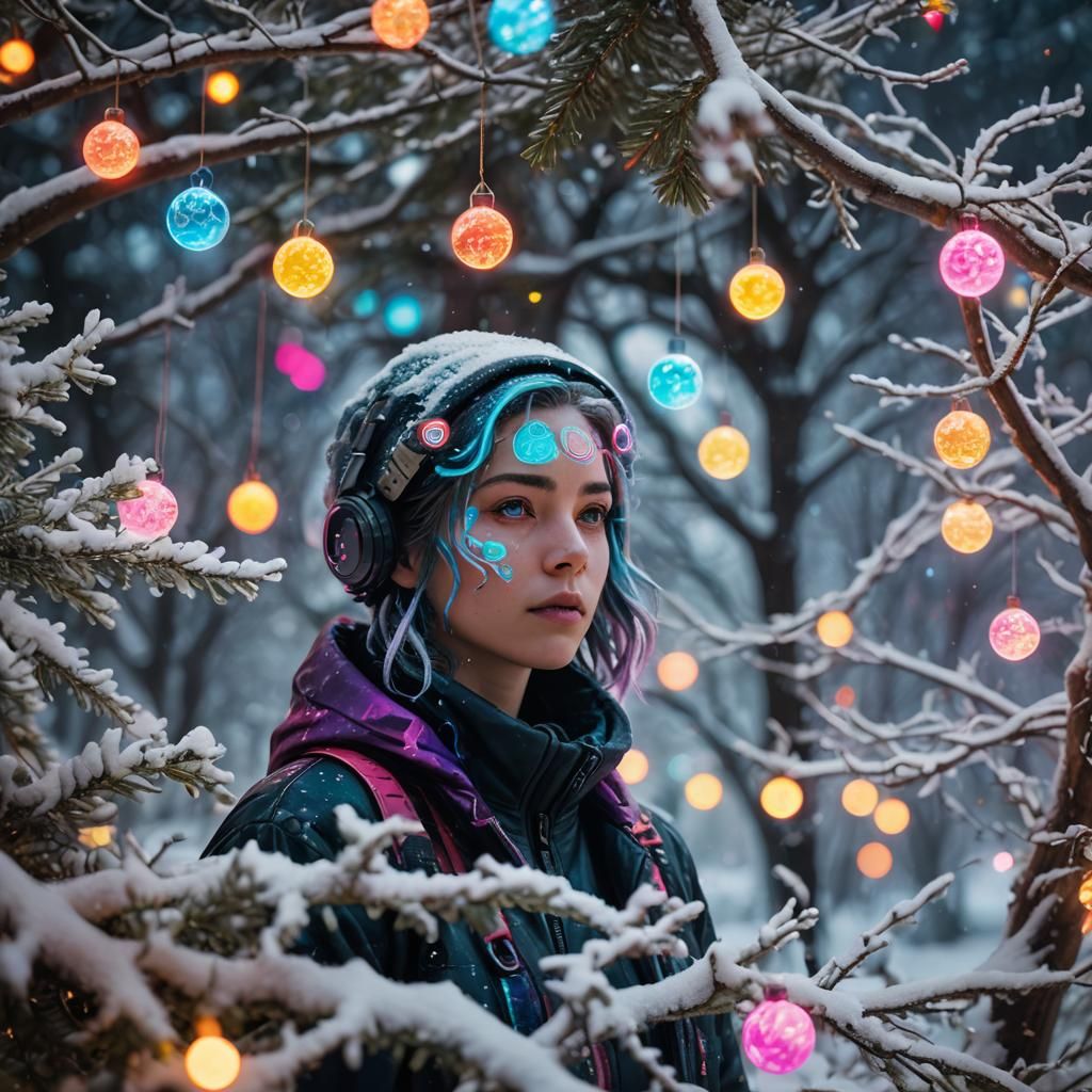 Neon Winter Memories: Cyberpunk Christmas Portrait