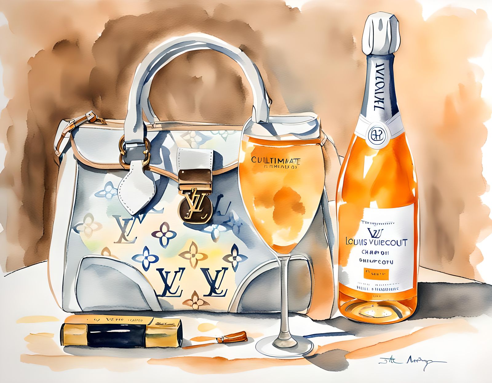 Vintage Watercolour of Louis Vuitton Bag and Champagne