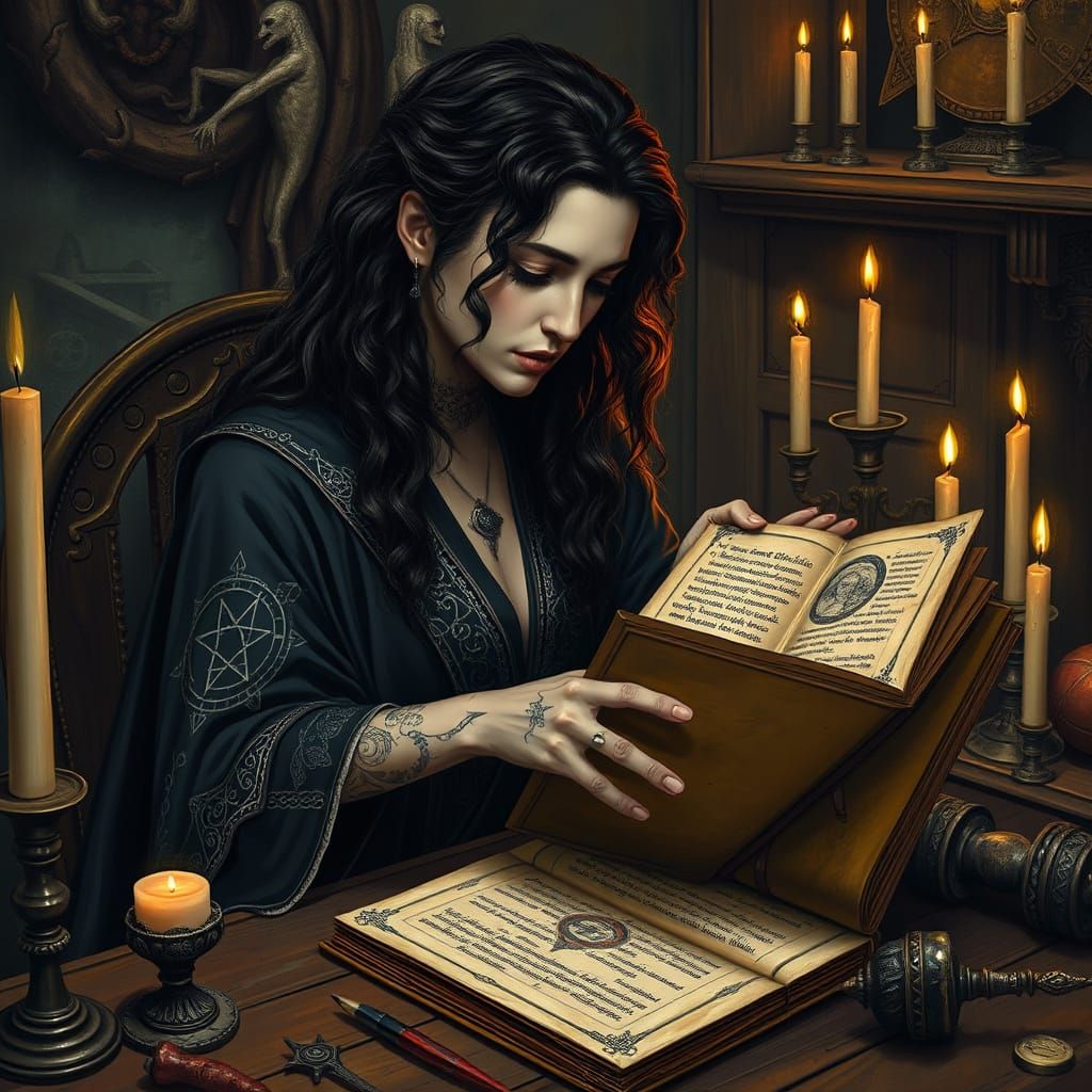 Mystical Woman Studies Ancient Grimoire in Theban Script