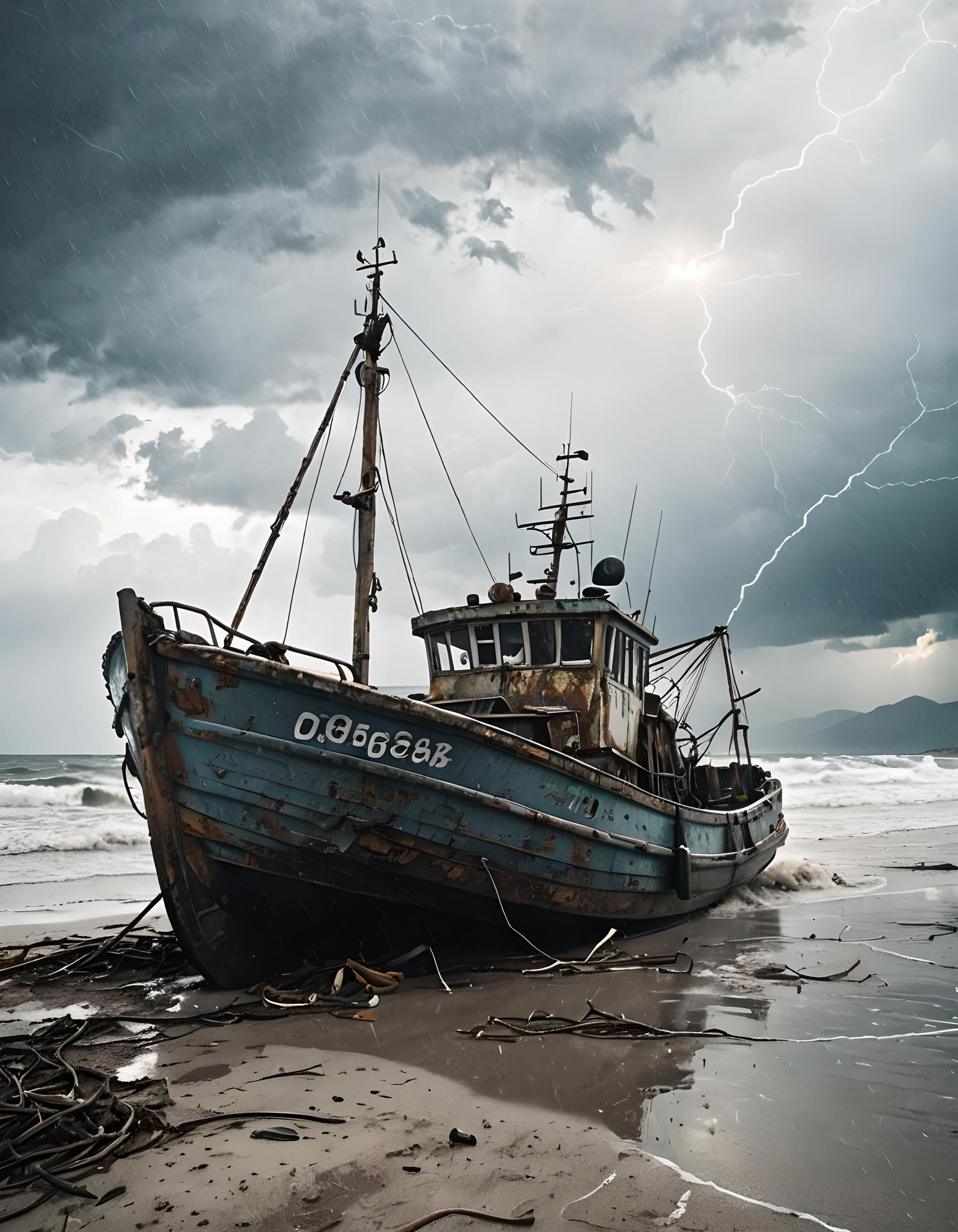 Wrecked Fishing Boat on Stormy Beach