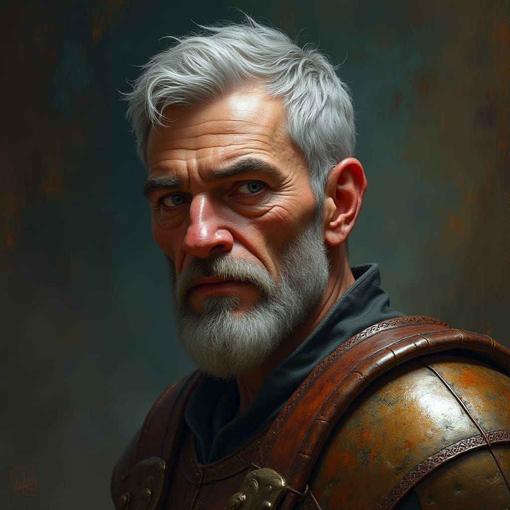 Weathered Warrior with Grey Eyes and Unkempt Hair in a Fanta...