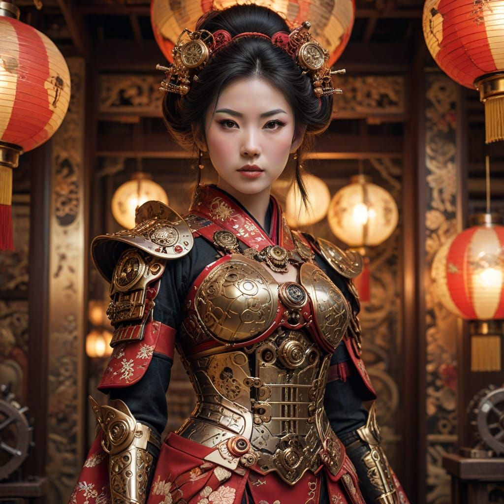 Steampunk Geisha in Elegant Japanese Armor