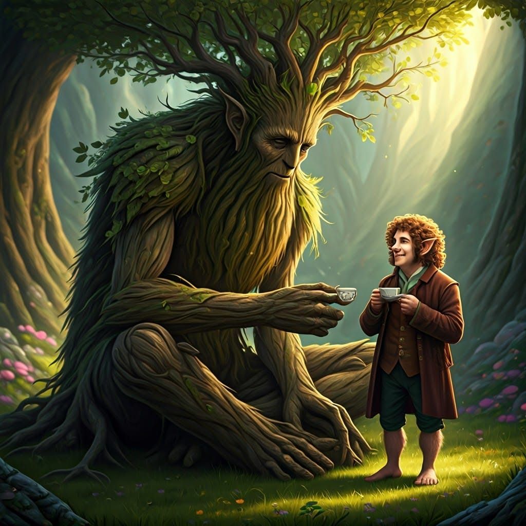 Ent and Hobbit Afternoon Tea in Fantasy Landscape