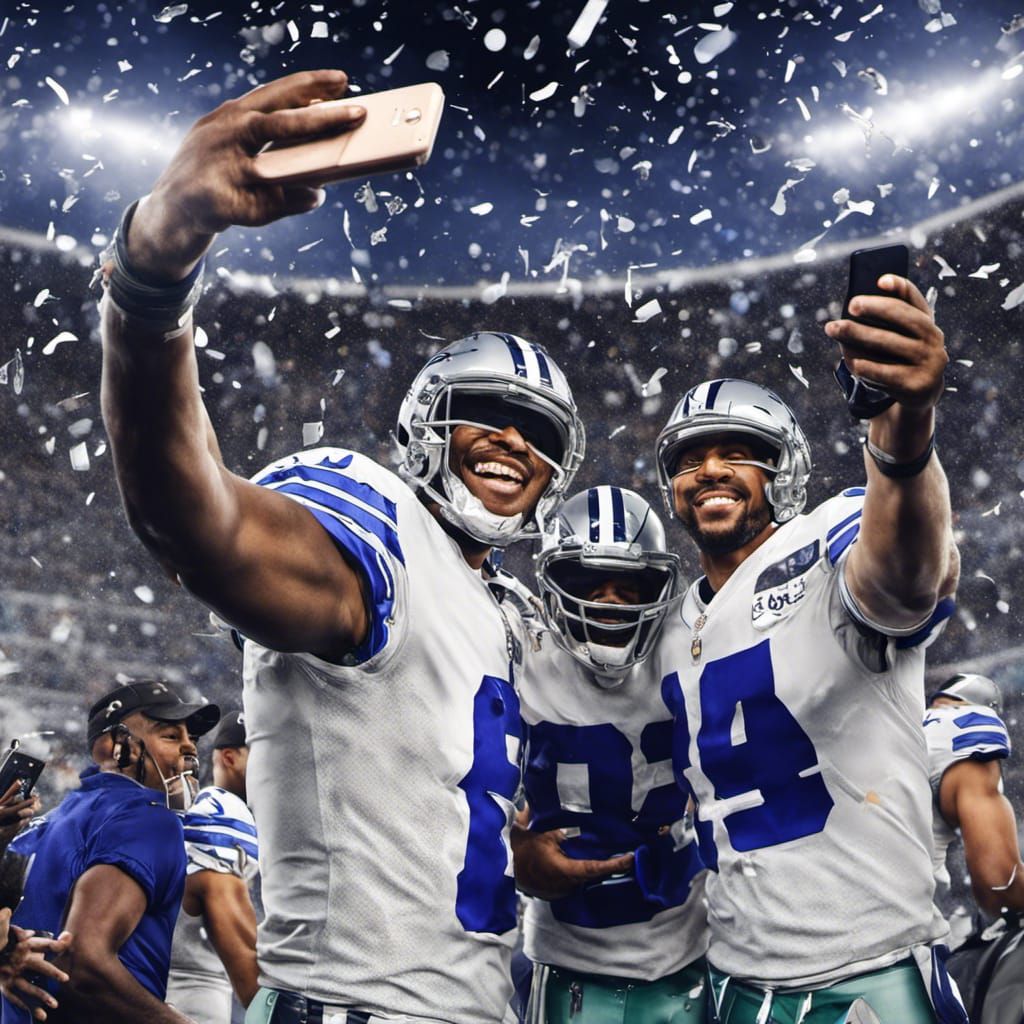 three Dallas Cowboys NFL players taking a selfie at the Super Bowl after a win, confetti, camera flashes