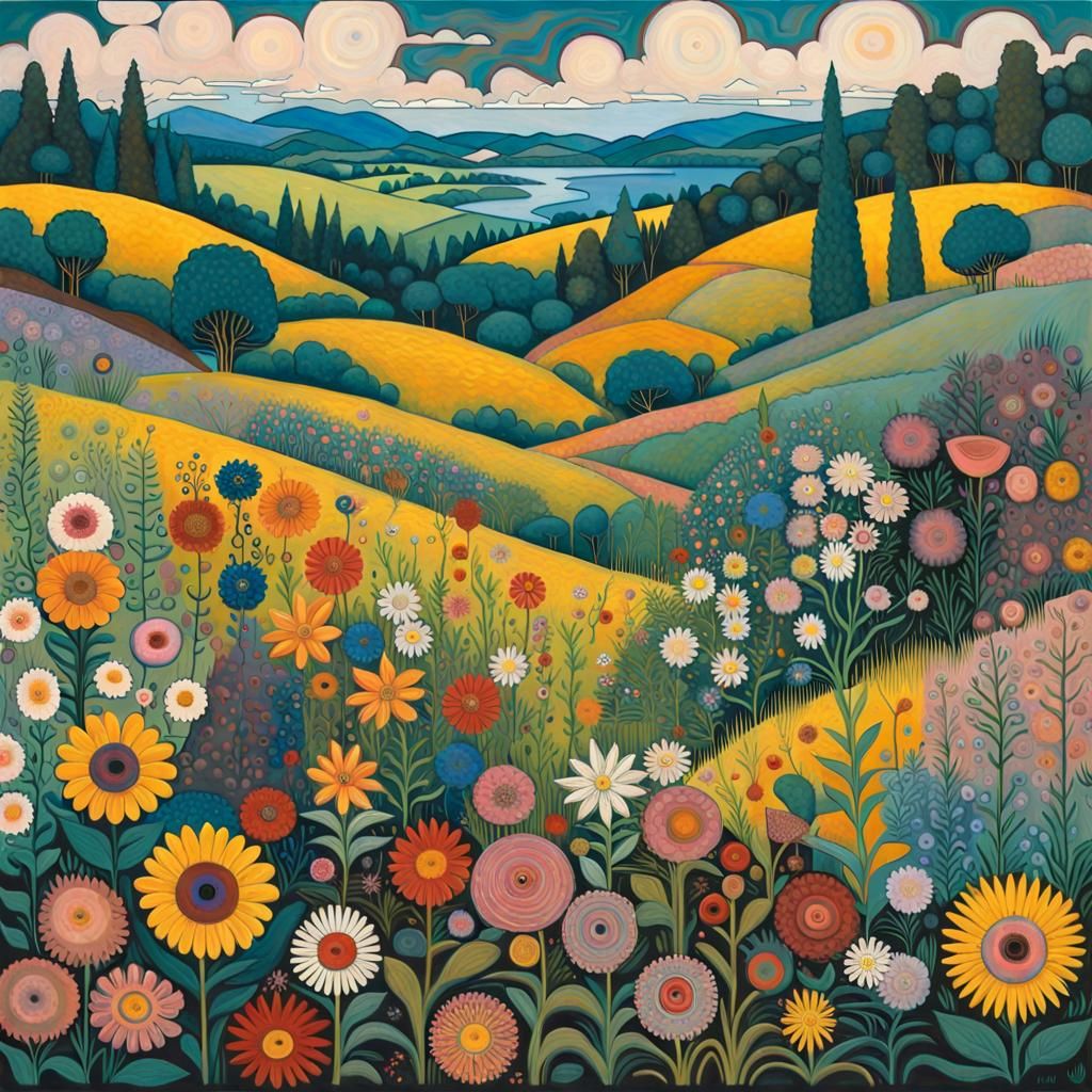 Floral Landscape in Basquiat and Klimt Style