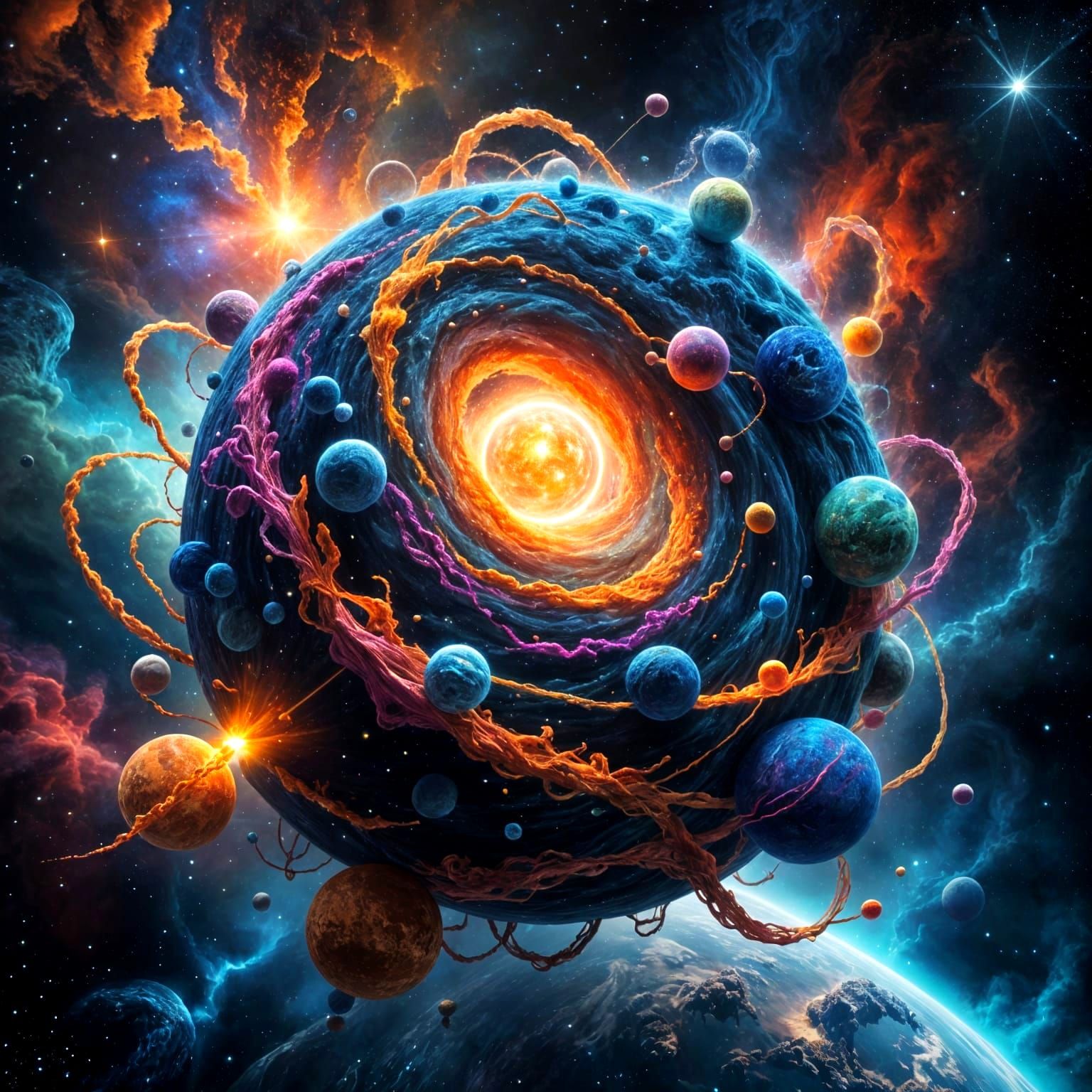 Planet Made of Yarn in Swirling Nebula