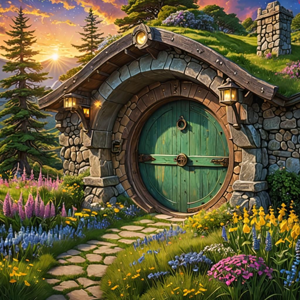 Cosmic Hobbit Door Amidst Alpine Bloom