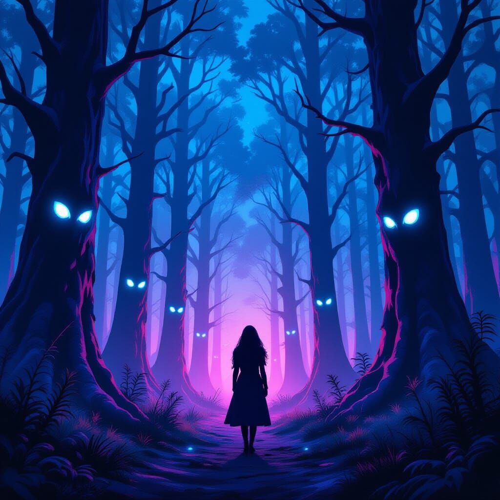 Mystical Forest with Glowing Eyes in Dark Surrealism Style