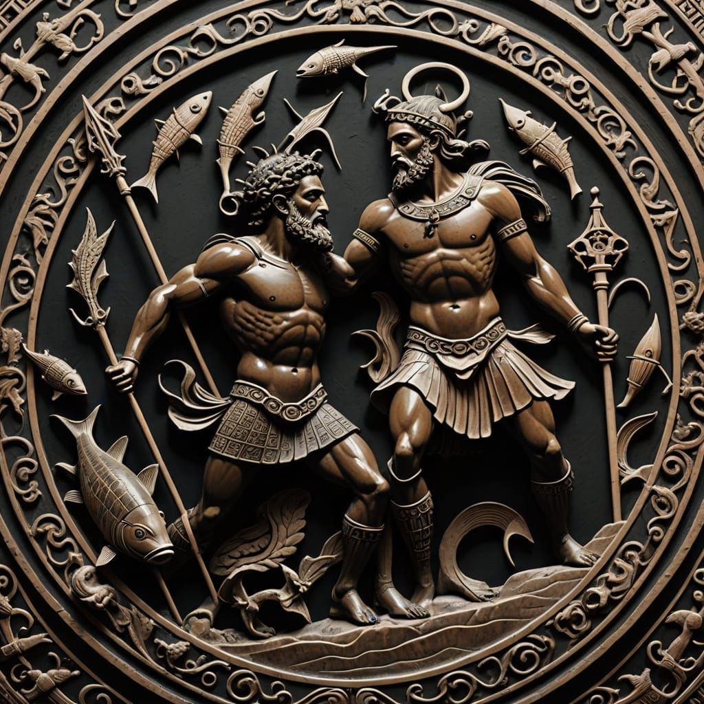 Neptune Defeats Aeloeus in Ancient Greek Black Figure Style