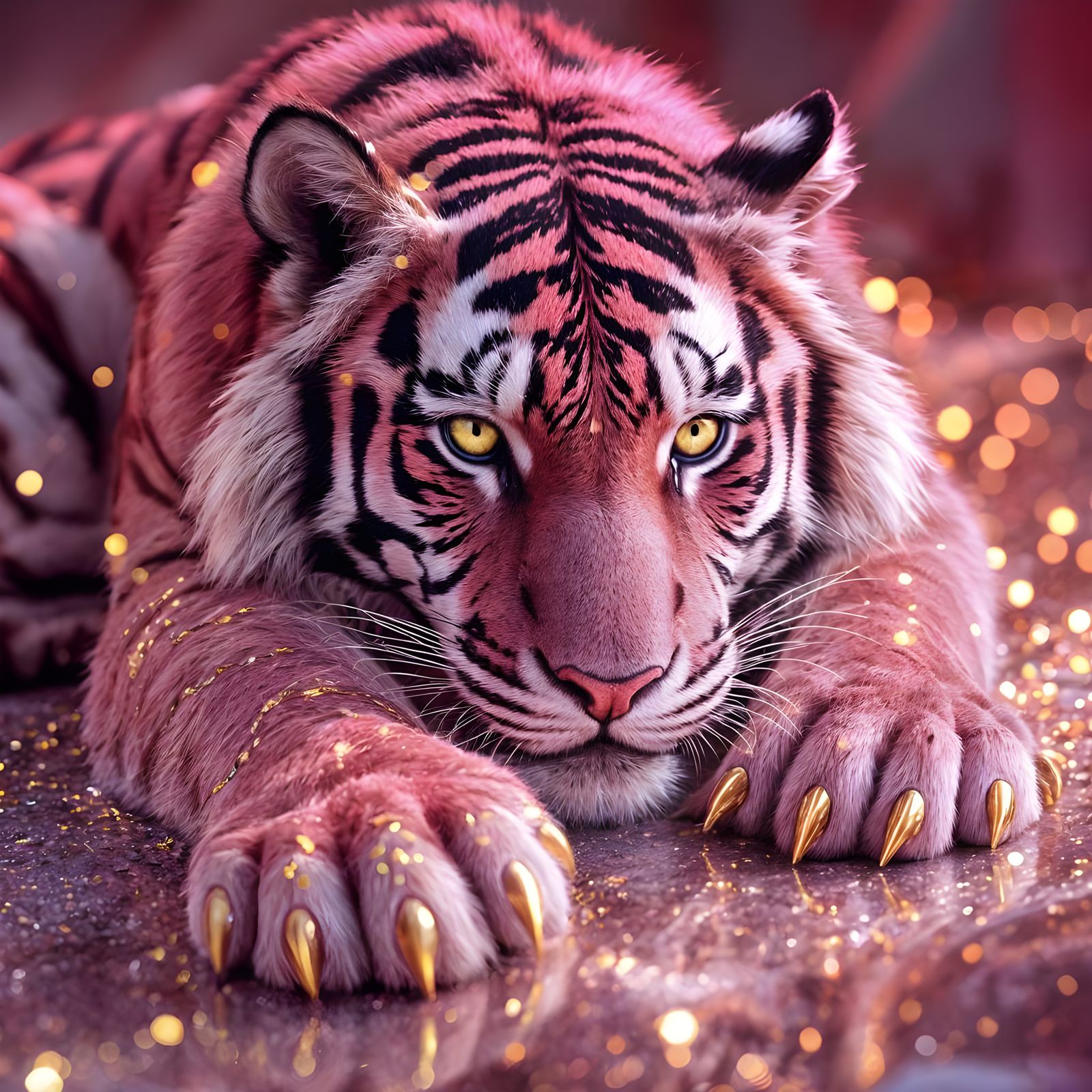 Vibrant Pink Tiger with Gold Stripes in Photorealistic Detai...