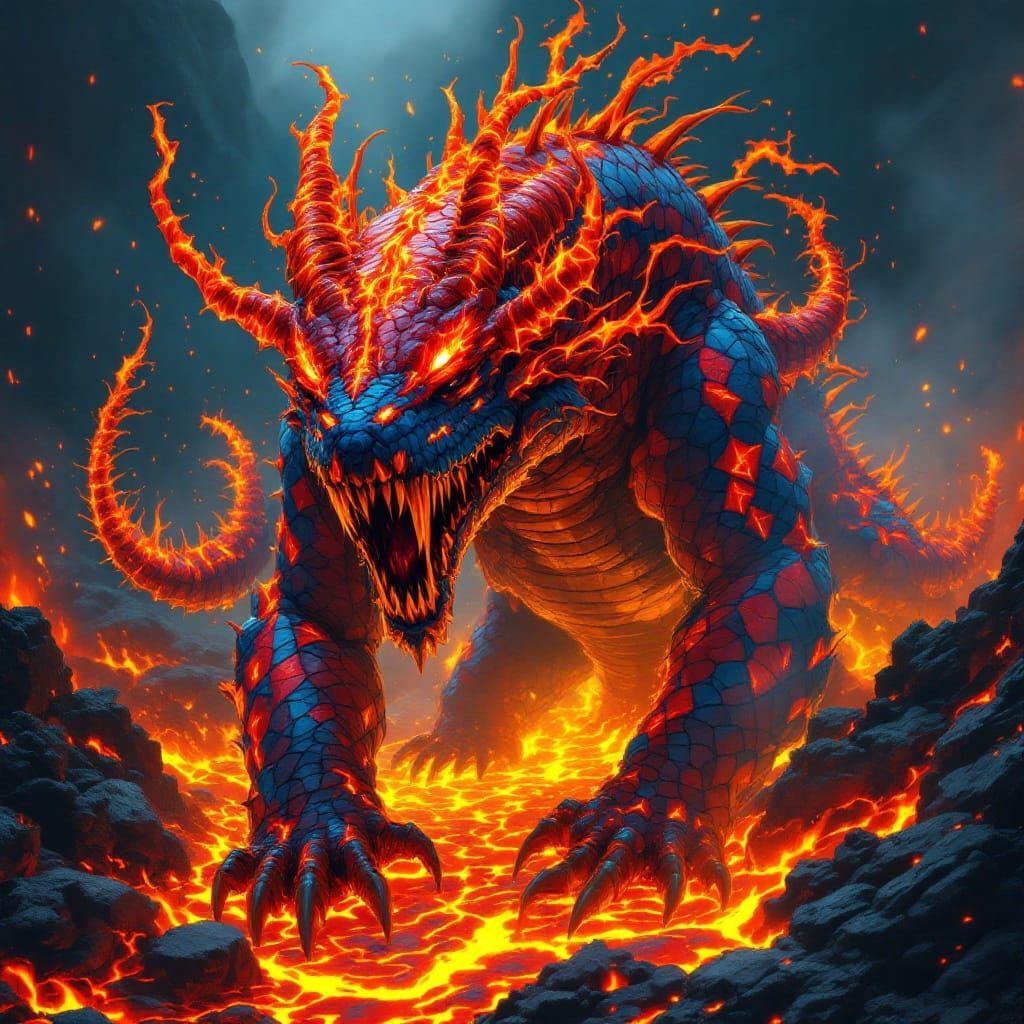 Cyberpunk Fire Salamander with Serpentine Head and Horns