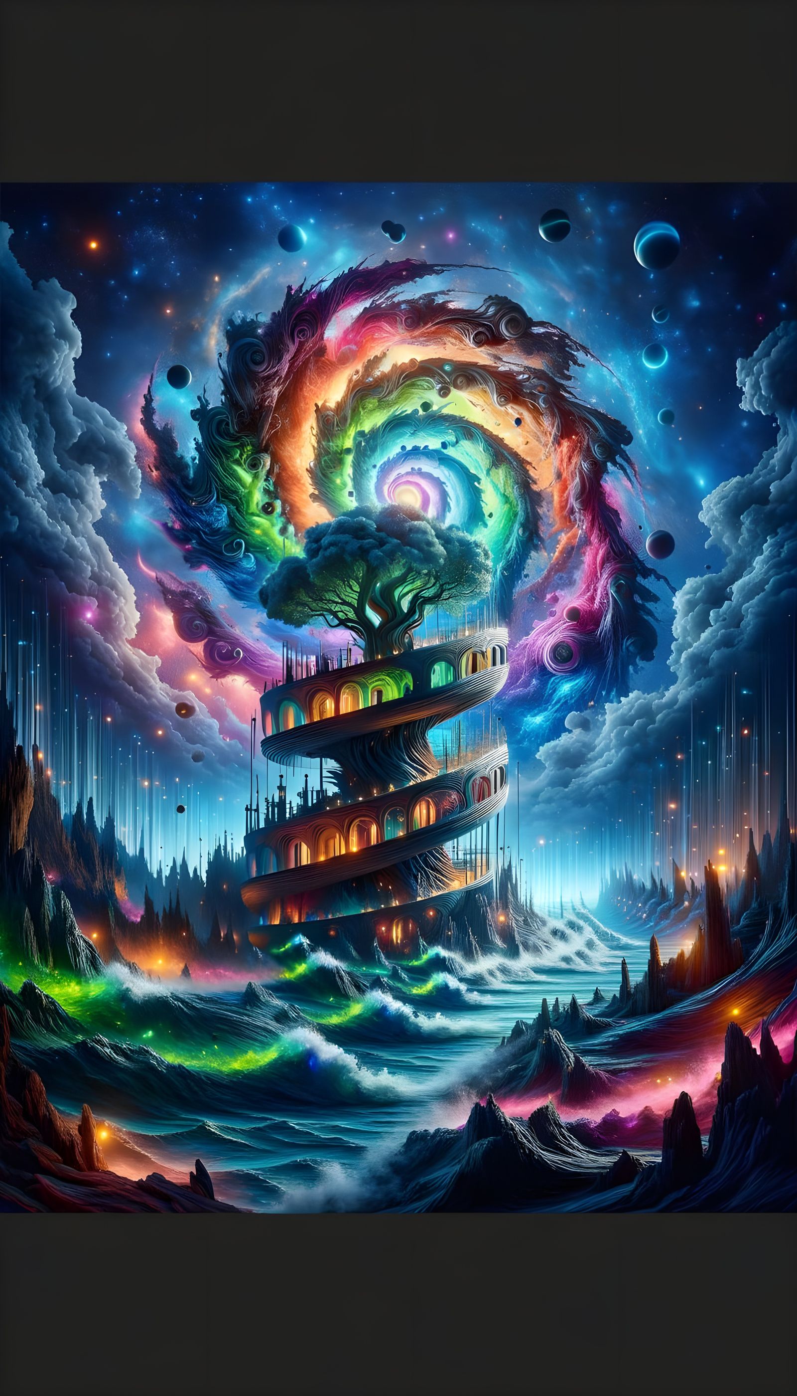 Surreal Treehouse Portal in a Vibrant, Glowing Seascape