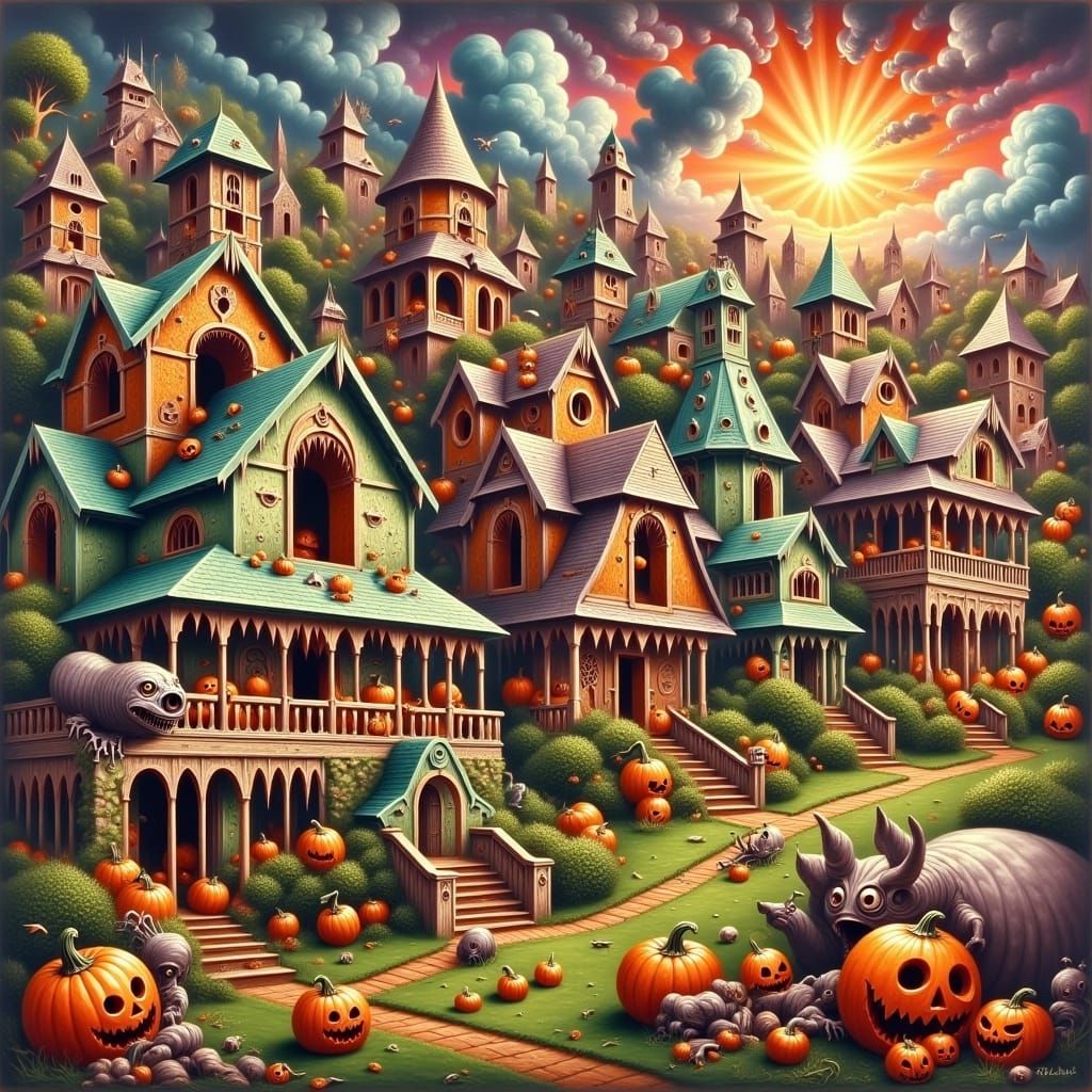 Angry Halloween Houses in Surreal Oil Painting