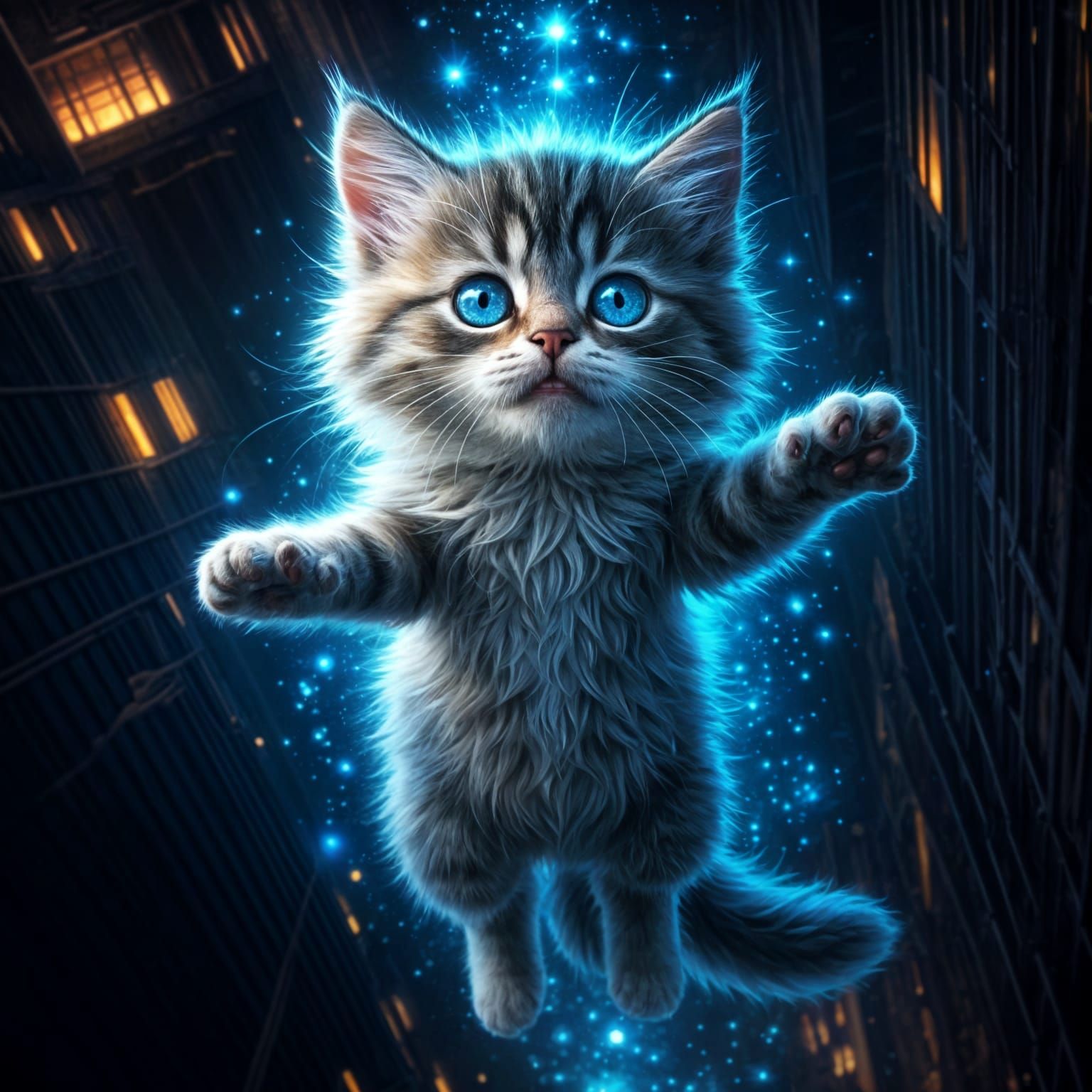 Magical Flying Kitten Soars Through City Skies in Vibrant 8K