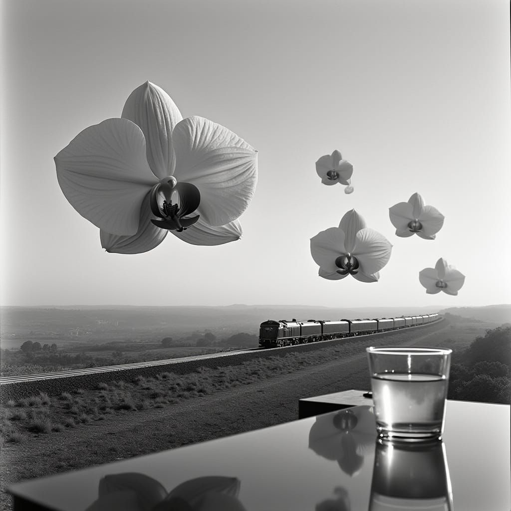 Surrealist Dreamscape with Giant Orchids and Train