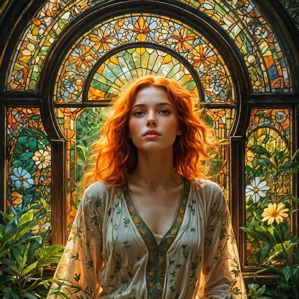 Redhead Awakening in Mystical Botanical Dreamscape