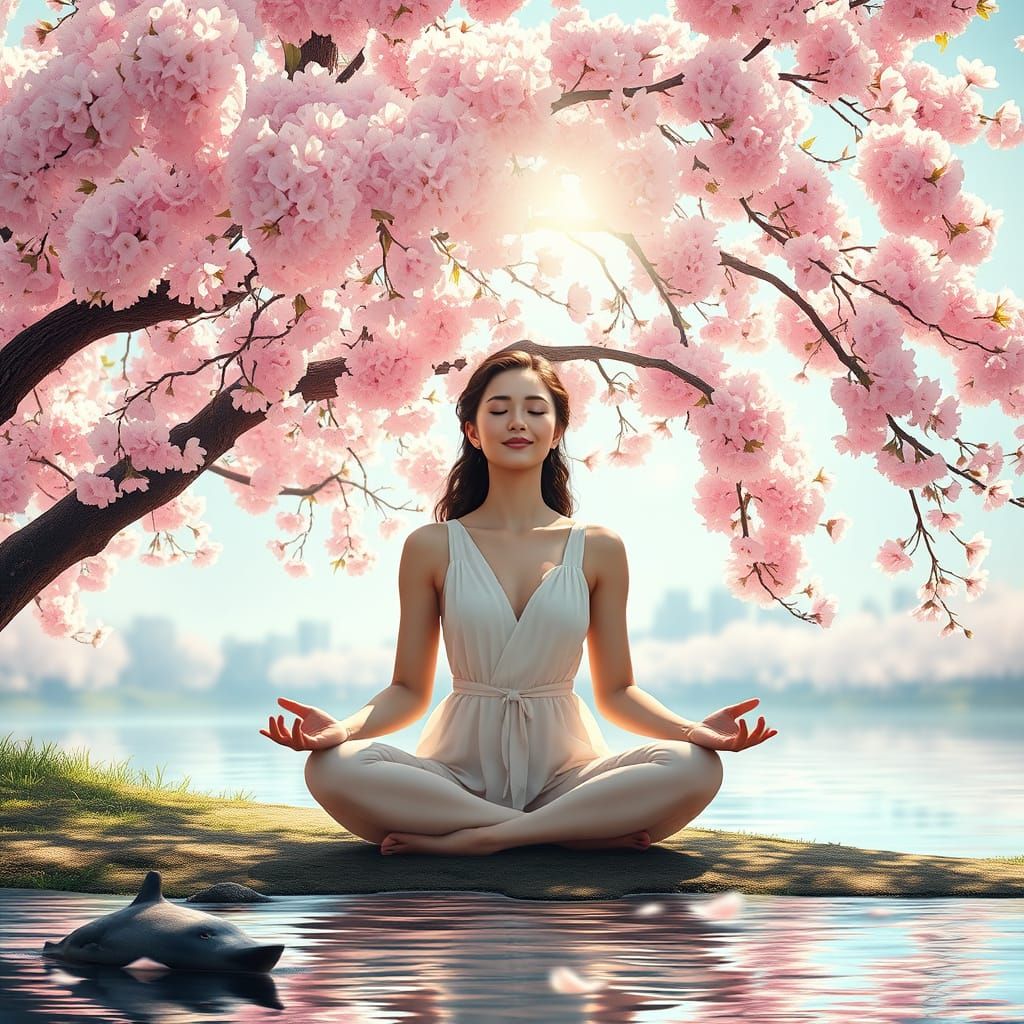 Woman Meditating Under Cherry Blossoms in Art Nouveau Style
