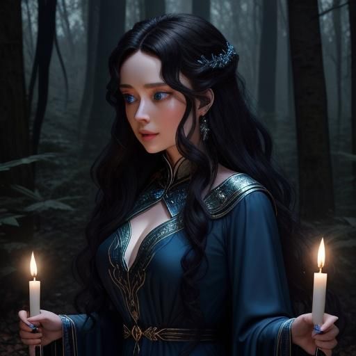 Blue-Eyed Sorceress in Deep Woods with Candles