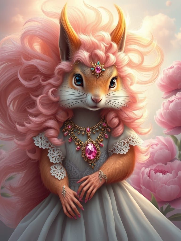 Fantasy Squirrel Portrait with Pink Hair, Art Nouveau Style