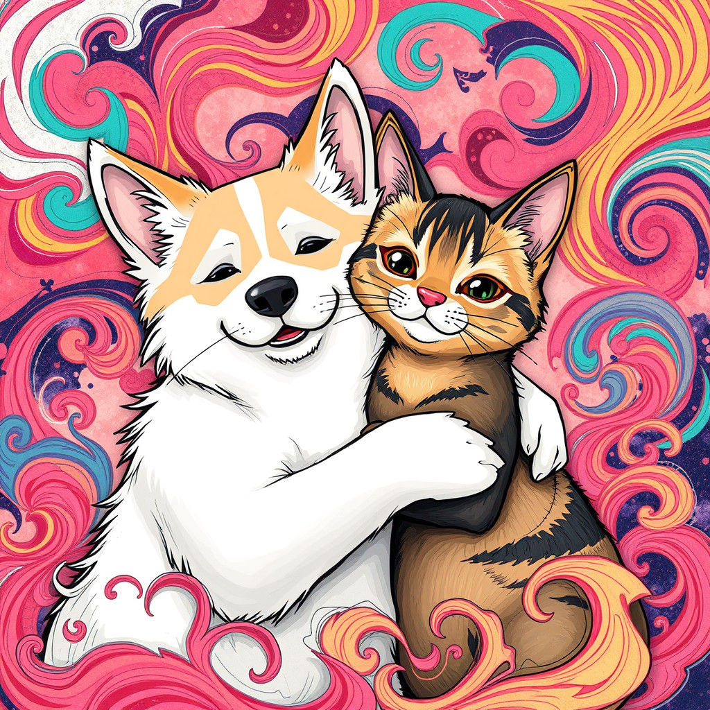 Dog and Cat Embrace in Anime Manga Style