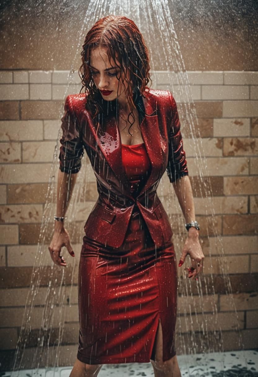 Glamorous Woman in Red Suit Shower Portrait