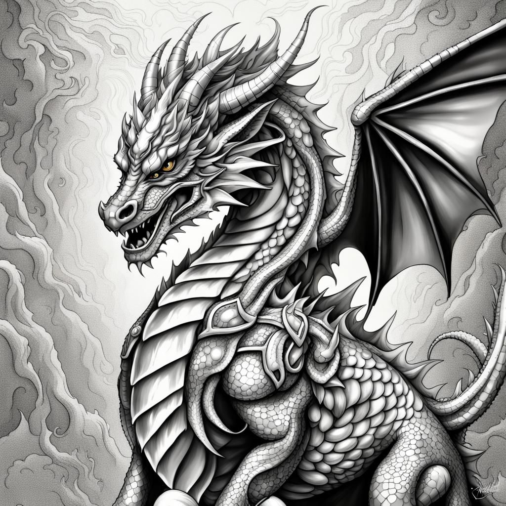 Majestic Silver Dragon Line Art Coloring Page