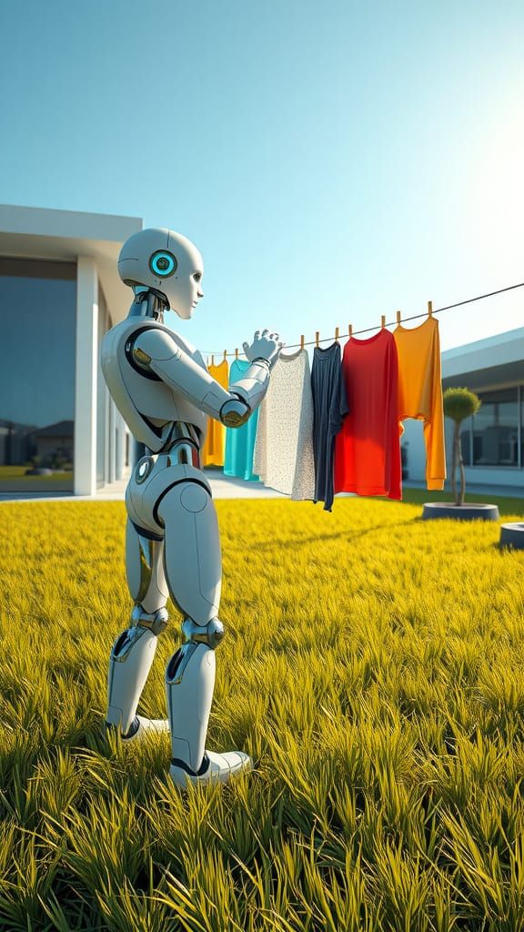 Sleek AI Robot Hangs Laundry in Futuristic Garden