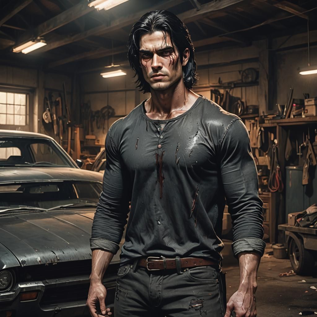 Muscular Man in Dark Fantasy Car Garage Concept Art