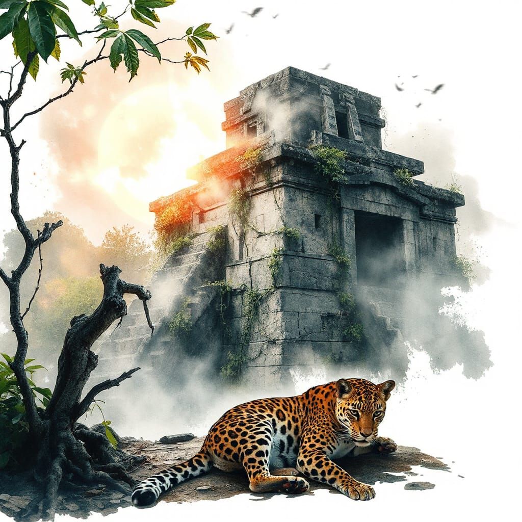 Mystical Mayan Temple in Dawn Mist, Softened by Vines and a ...